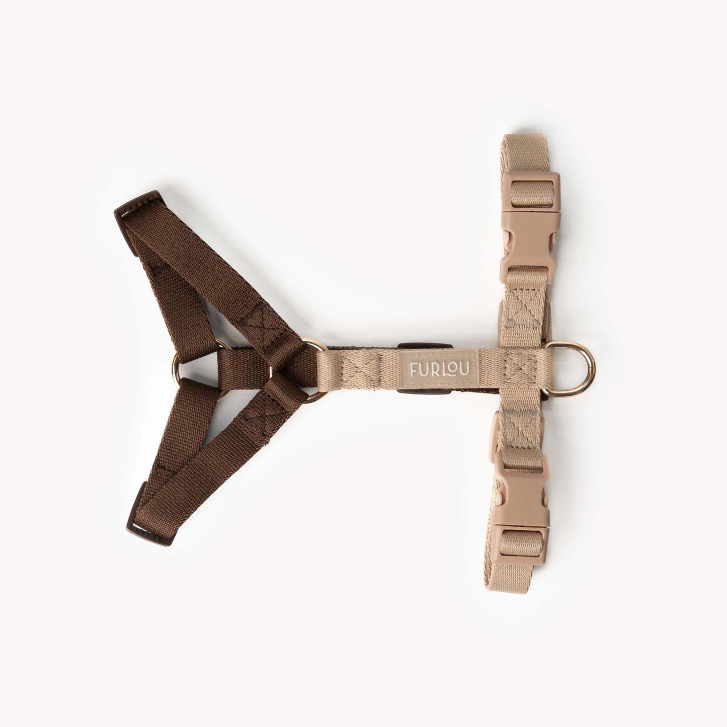 Adjustable brown and tan dog harness with gold hardware