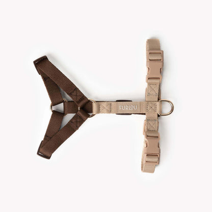 Adjustable brown and tan dog harness with gold hardware