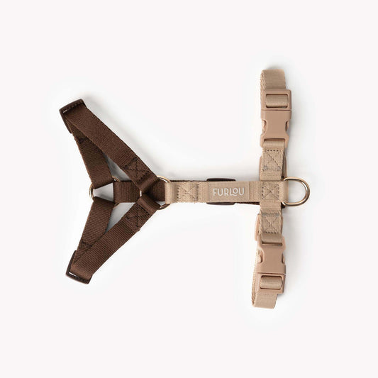 Adjustable brown and tan dog harness with gold hardware
