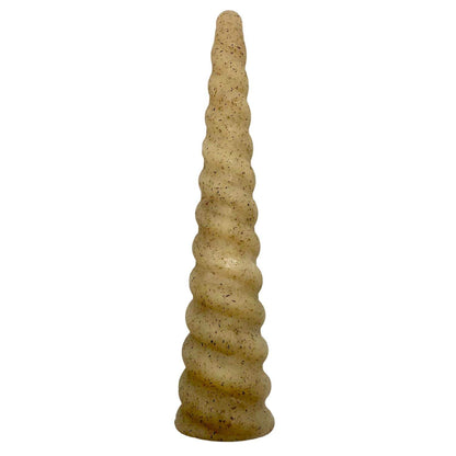 Unicorn horn shaped durable nylon dog chew toy for aggressive chewers, brown textured surface, 7 inches long