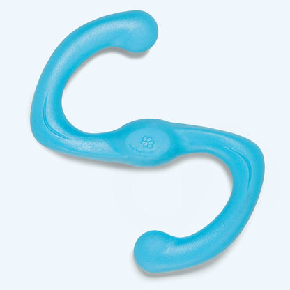 Bumi blue flexible S-shaped dog toy made of durable thermoplastic rubber with rounded ends and paw logo