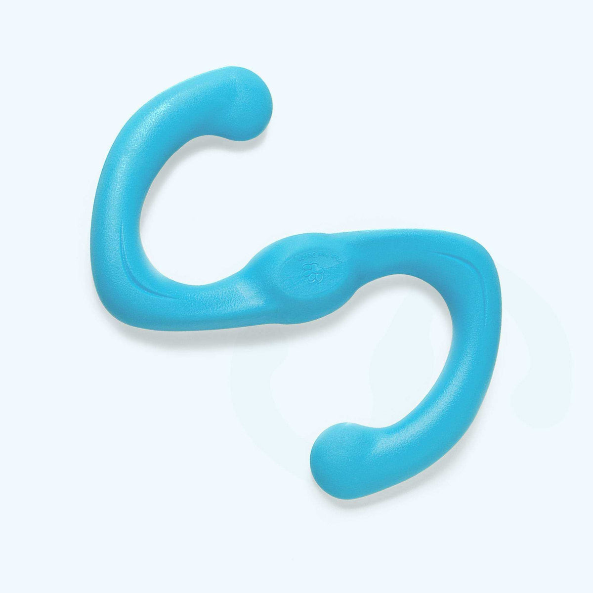 Bumi flexible S-shaped dog toy in bright blue thermoplastic rubber designed for gentle chewers and interactive play