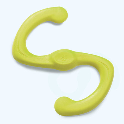 Bumi flexible S-shaped dog toy in bright lime green thermoplastic rubber designed for gentle chewers