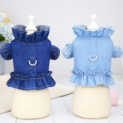 Pets Jeans Dress Apparel Dog Ruffles Vest Pet Harness Denim Dress Puppy Blue Jeans Clothes Cat Dogs Leash Hook Chest Back Dress
