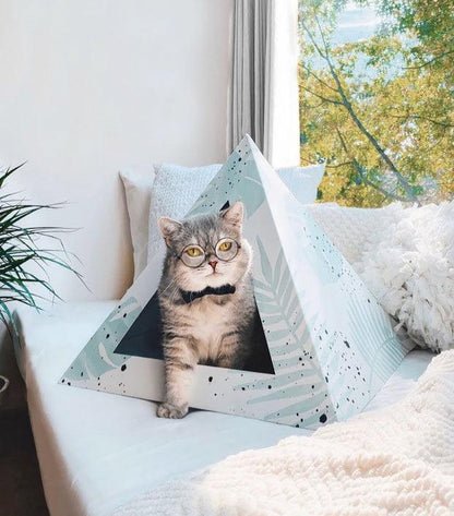 Oasis Cardboard Cat Pyramid with gray tabby cat inside on cozy bed near window