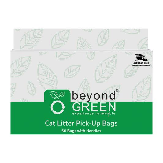 Cat Litter Pick-Up Bags box in white and green with leaf pattern, labeled beyondGREEN with 50 biodegradable bags