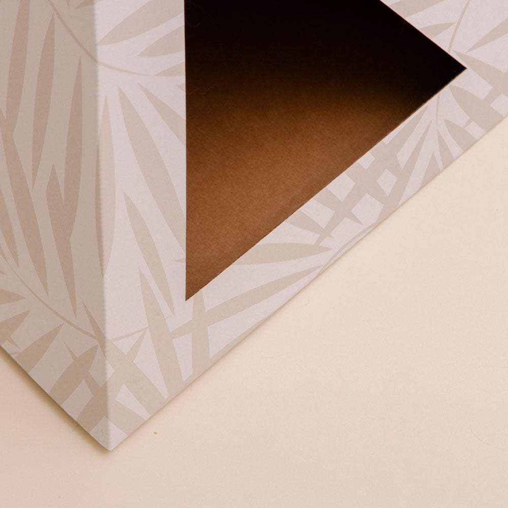 Neutral Palm cardboard cat pyramid with recycled material and stylish palm leaf design