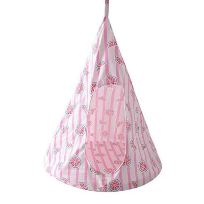 Pink and white striped pet hammock with grapefruit print, conical shape, hanging design for cats and small dogs.