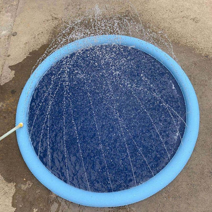 Blue inflatable pet sprinkler pad with water spray for outdoor cooling and play