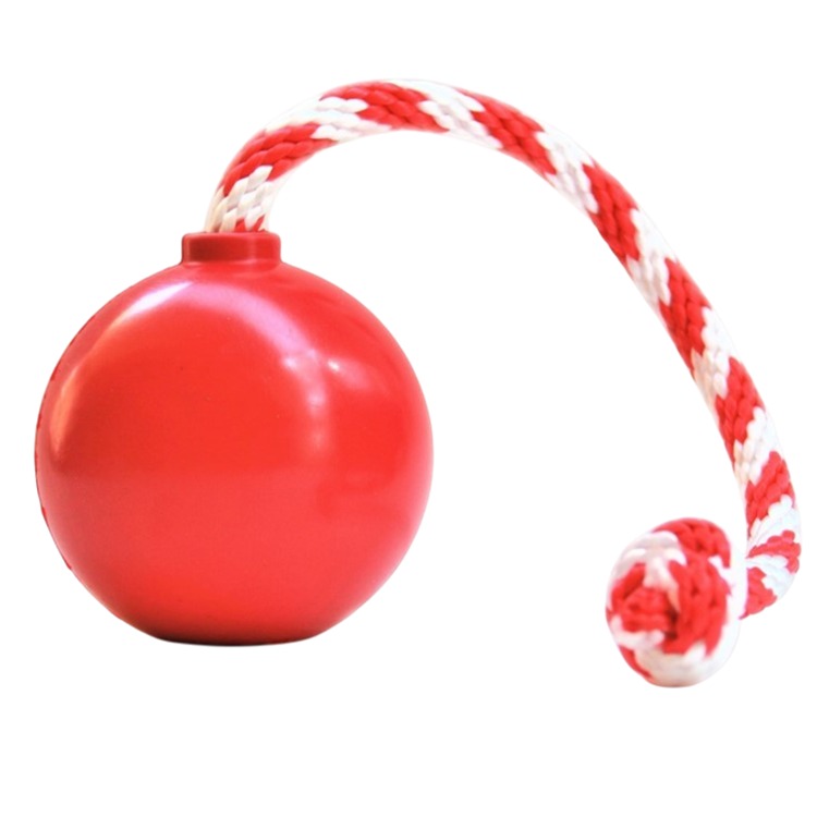 USA-K9 Cherry Bomb durable rubber chew toy with red ball and white-red rope for dogs