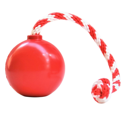 USA-K9 Cherry Bomb durable rubber chew toy with red ball and white-red rope for dogs