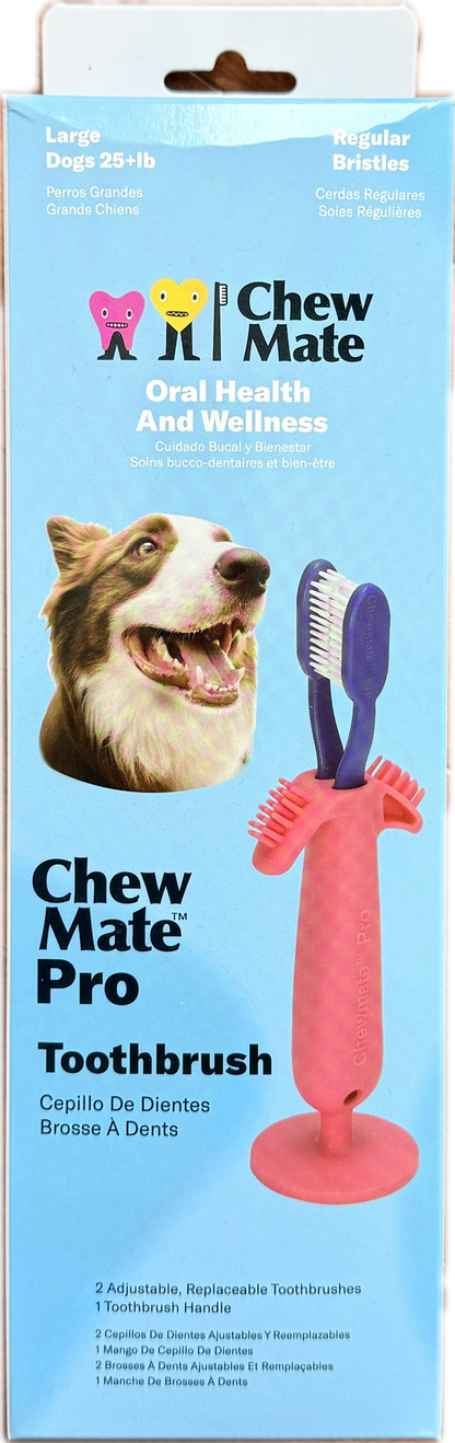Chewmate Pro Toothbrush dog dental brush with a pink textured handle and purple bristles, shown on blue packaging.