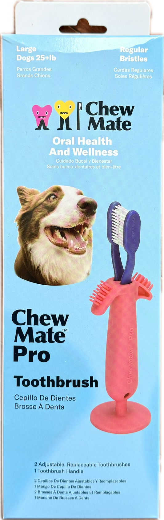 Chewmate Pro Toothbrush dog dental brush with a pink textured handle and purple bristles, shown on blue packaging.
