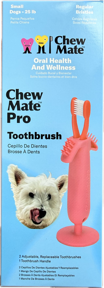 Chewmate Pro Toothbrush for dogs in pink, with a silicone handle, suction-cup base, and two adjustable brushes.