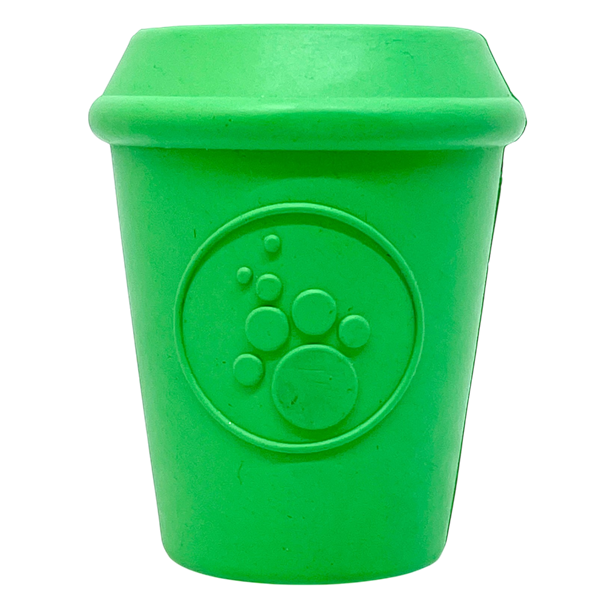 Green Coffee Cup eDispener durable rubber chew toy and treat dispenser for dogs