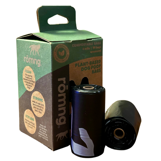 eco-friendly compostable dog poop bags on roll with dispenser