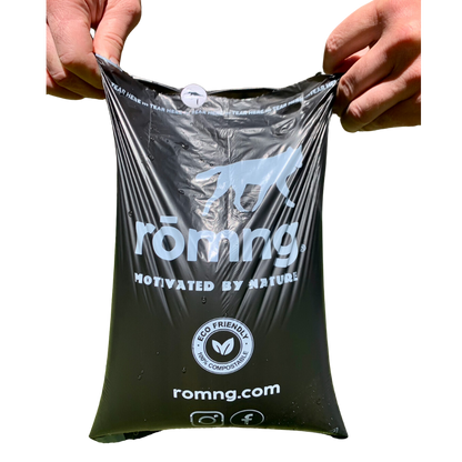 Roll of compostable dog poop bags highlighting eco-friendly pet waste disposal with plant-based materials