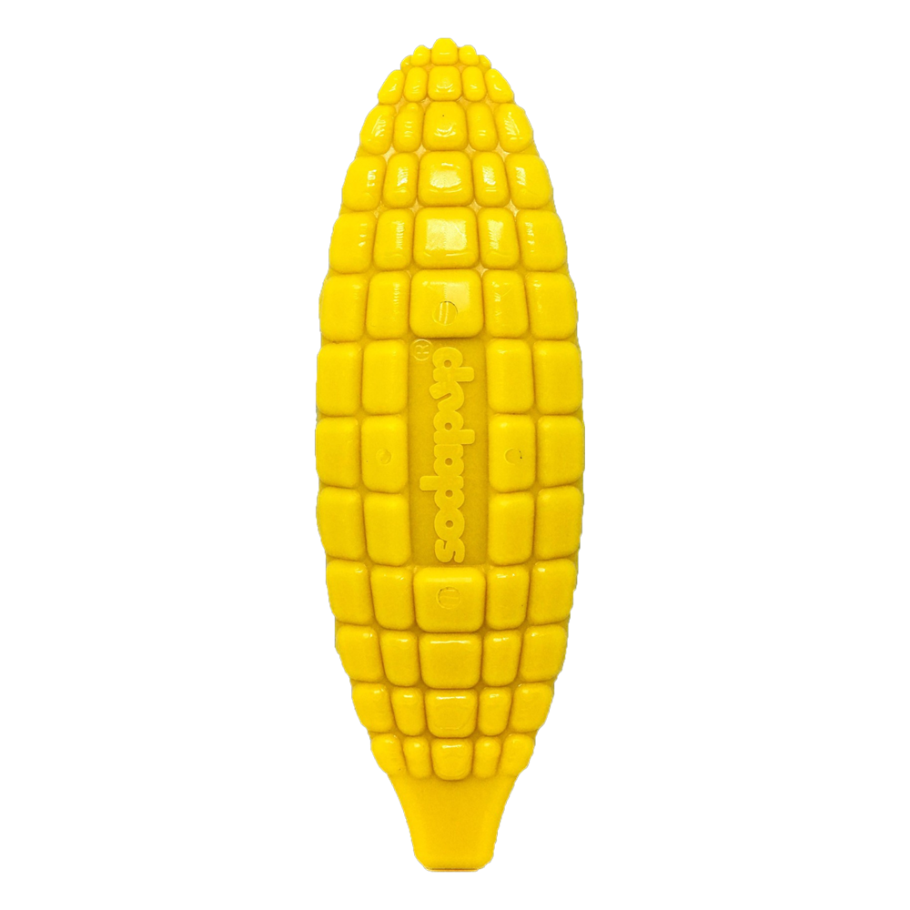Bright yellow Corn on the Cob Nylon Dog Toy made in the USA, designed for aggressive chewers with durable textured kernel surface for dental health and enrichment.