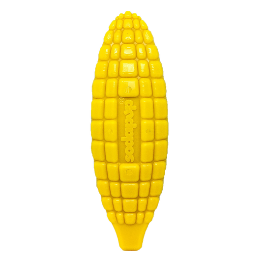 Bright yellow Corn on the Cob Nylon Dog Toy made in the USA, designed for aggressive chewers with durable textured kernel surface for dental health and enrichment.