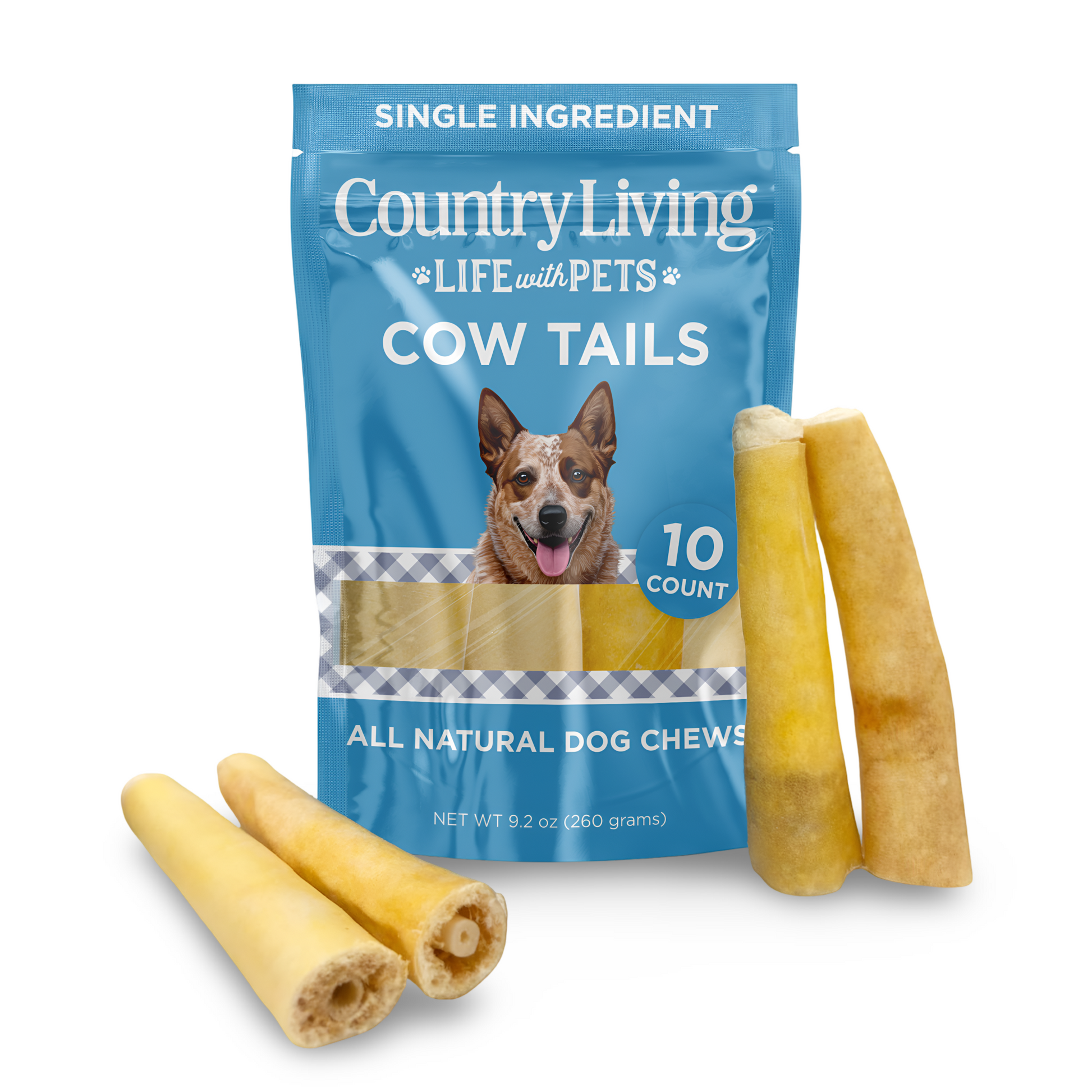 Country Living natural beef cow tails dog chews in resealable 10-pack