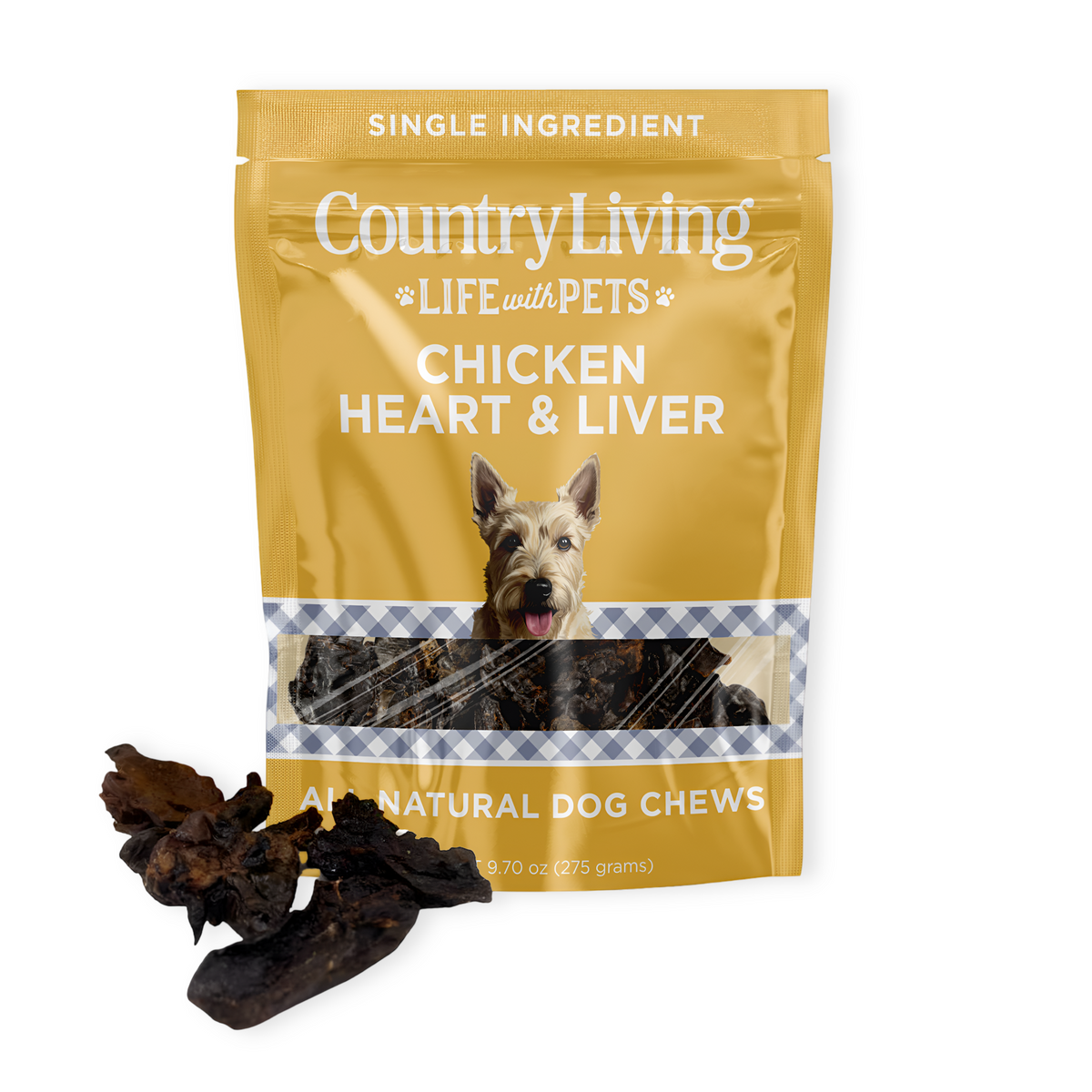 Country Living 9oz bag of dehydrated chicken hearts and livers dog treats