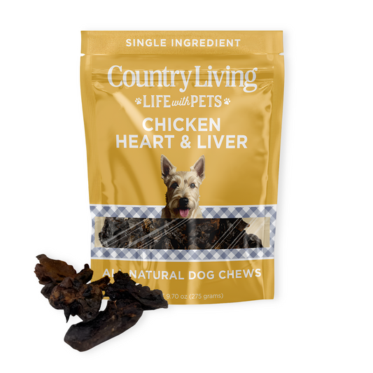 Country Living 9oz bag of dehydrated chicken hearts and livers dog treats