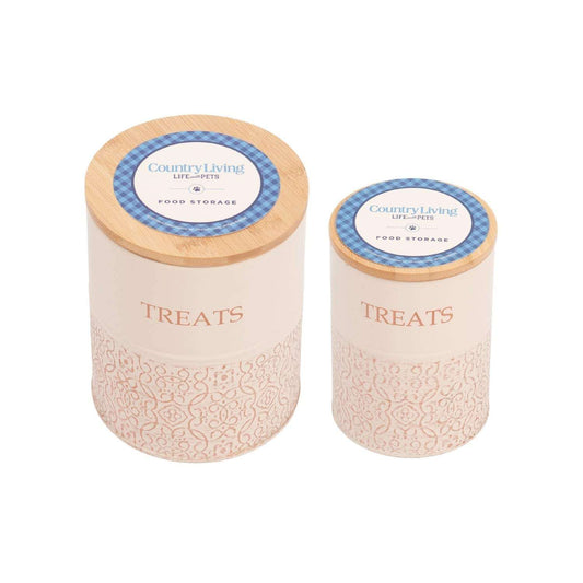 Country living dog treat canisters set with bamboo lids in white swan color