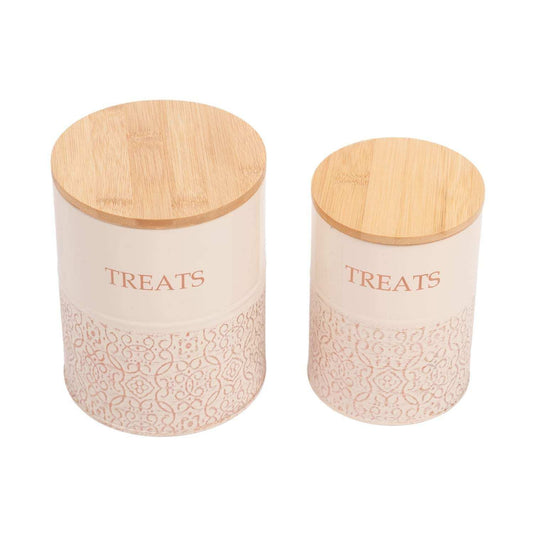 Set of 2 white swan country living dog treat canisters with bamboo lids