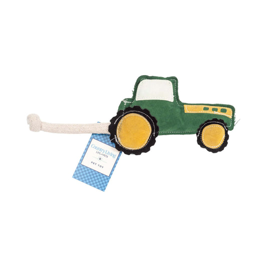 Green tractor shaped durable faux leather dog chew toy