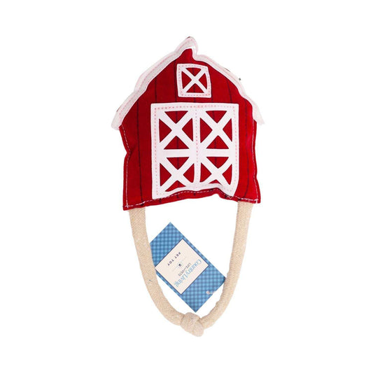 Country Living Faux Leather Red Barn Dog Chew Toy made from durable non-toxic materials