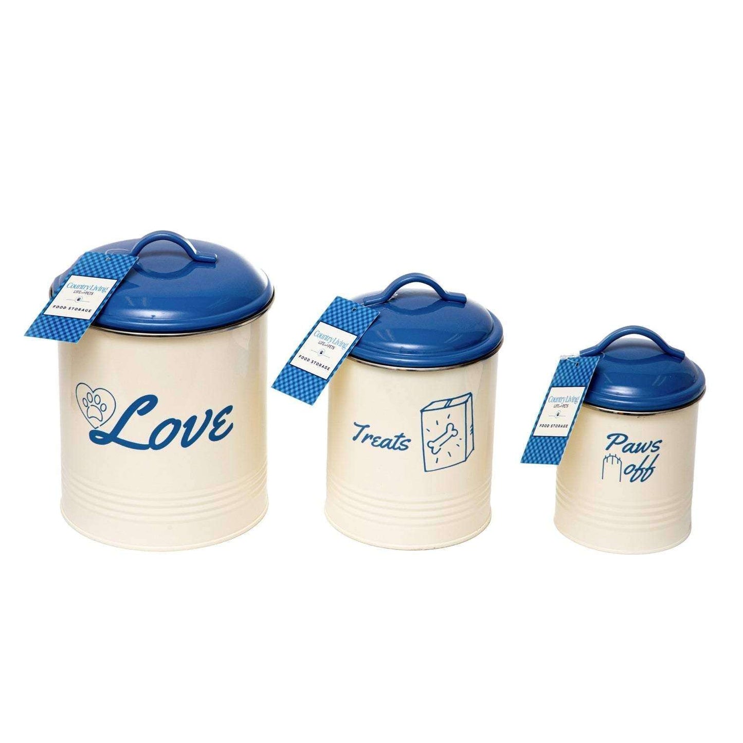 Country Living pet treat canisters set of 3 with French Blue lids and airtight seals