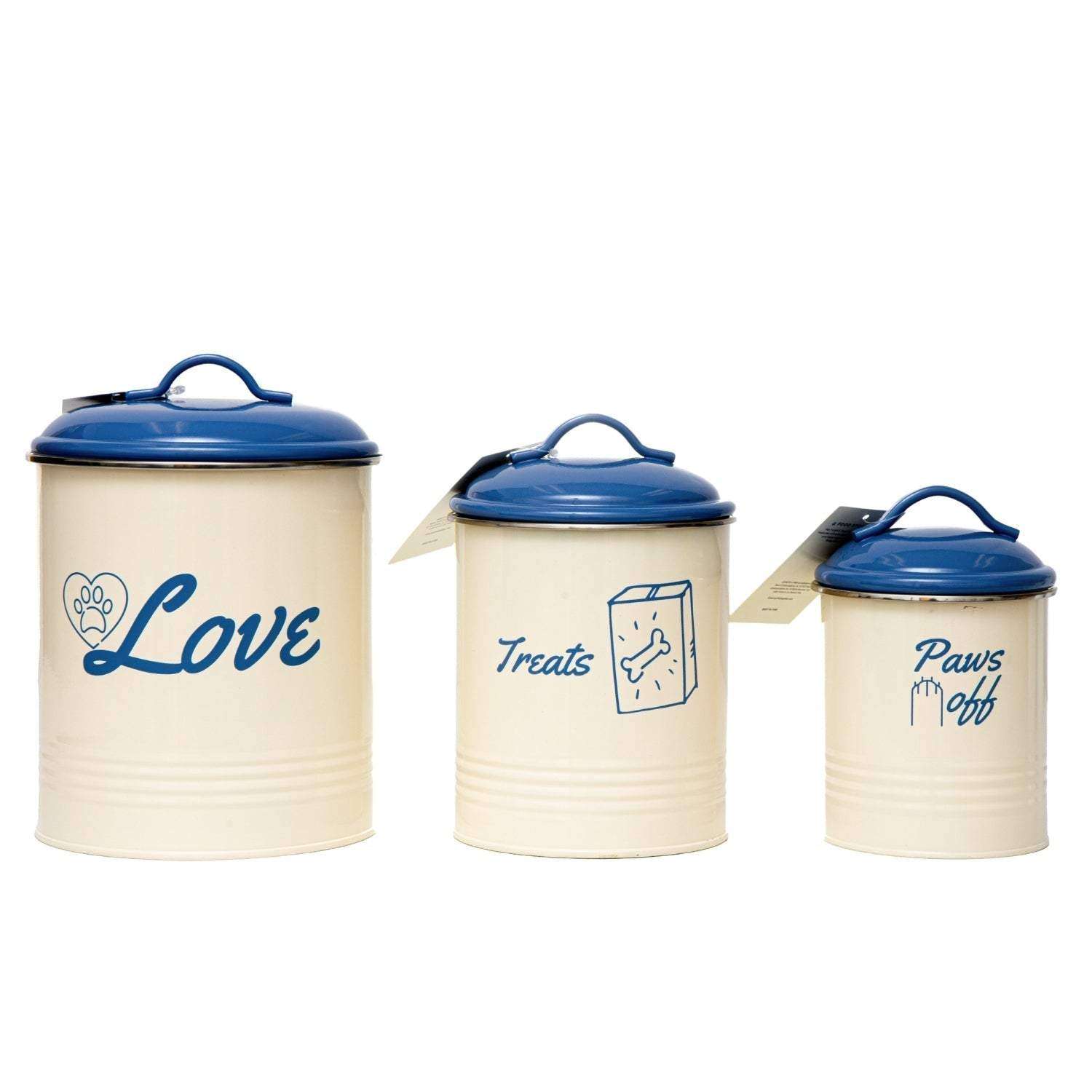 Country Living pet treat canisters set of 3 with French Blue lids and airtight seals