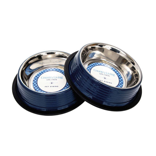 Country Living set of 2 ribbed non-slip stainless steel pet bowls in Poseidon Blue