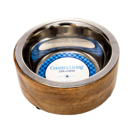 Country Living stainless steel dog bowl with mango wood holder