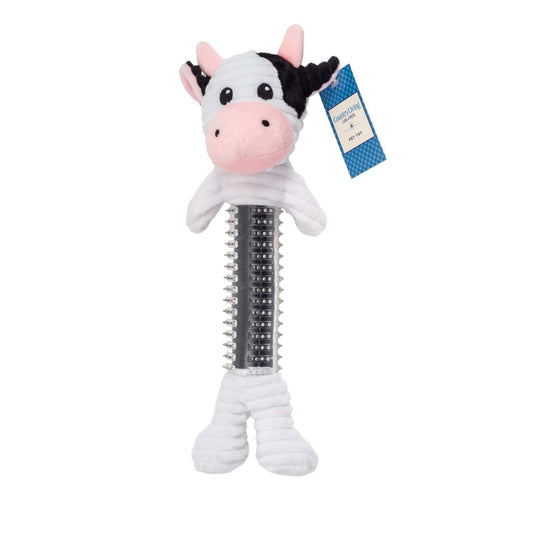 Country Living thermoplastic rubber black and white cow plush dog toy with squeaker and crinkle paper