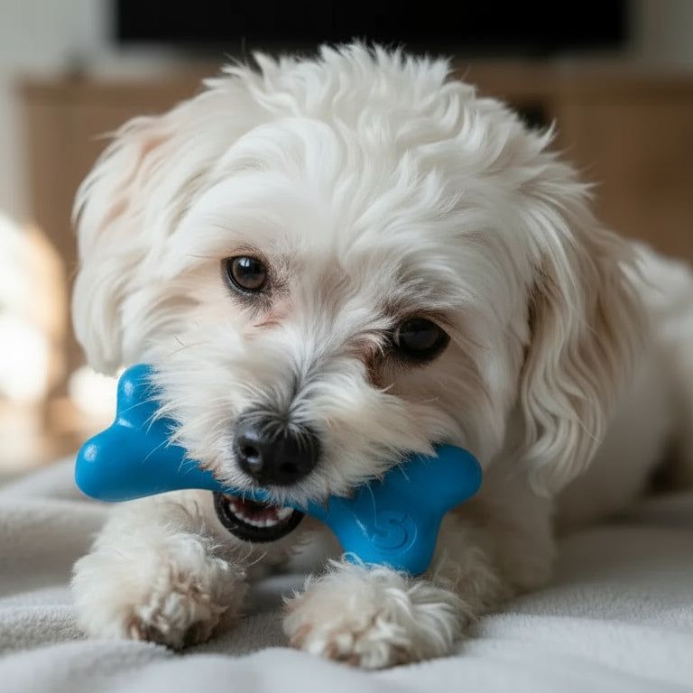 white dog chewing blue rubber bone dog toy durable floating chew toy for large dogs