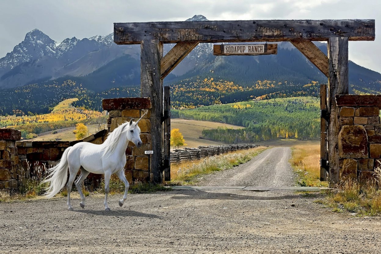 White unicorn standing near wooden SodaPup Ranch entrance with mountain landscape background