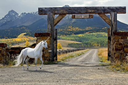 White unicorn standing near wooden SodaPup Ranch entrance with mountain landscape background