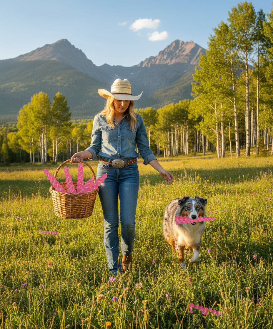 Woman in cowboy hat walking with dog holding a pink Unicorn Horn Nylon Chew Toy in a grassy field with mountains in the background