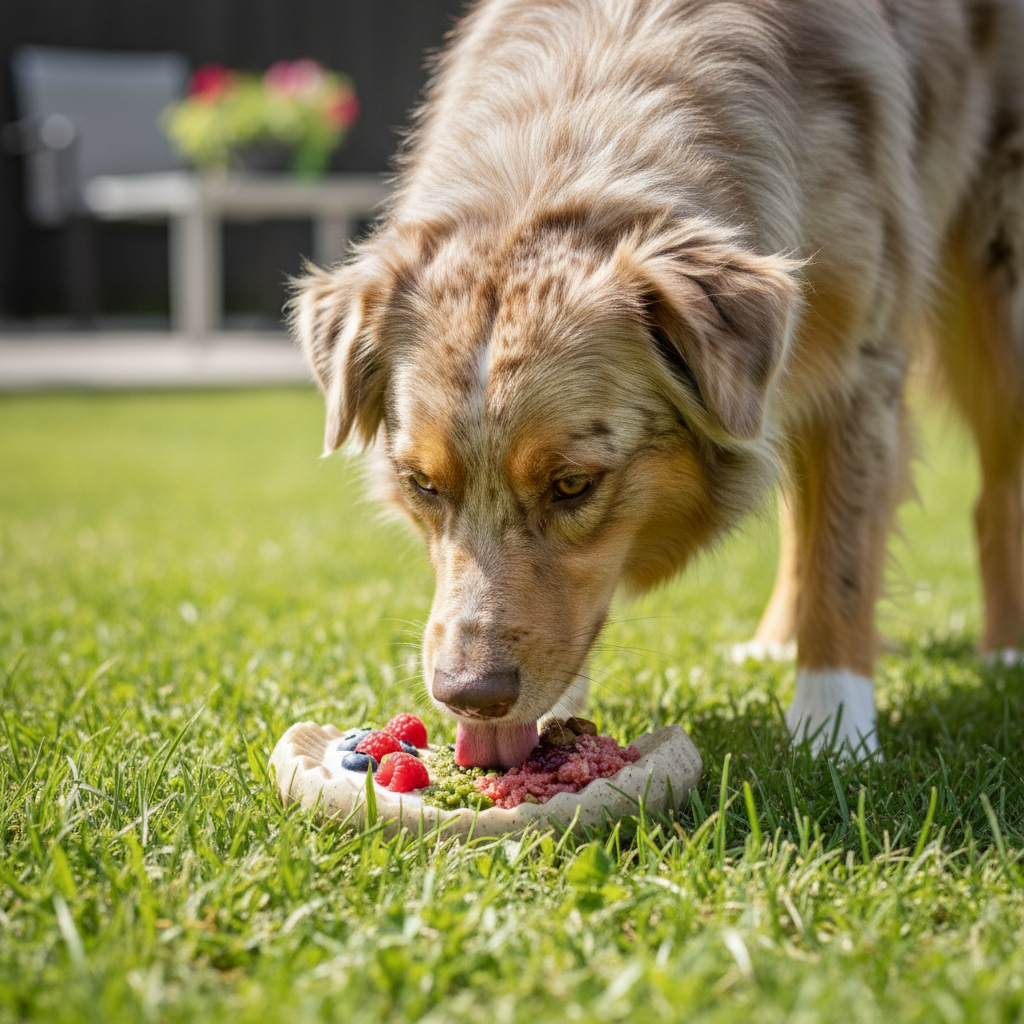 Dog chewing on Potato Chip Nylon Chew toy with treat spread outdoors on grass