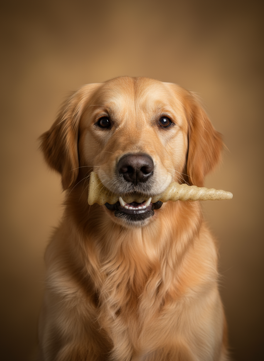 Golden retriever dog holding a durable unicorn horn nylon chew toy designed for aggressive chewers