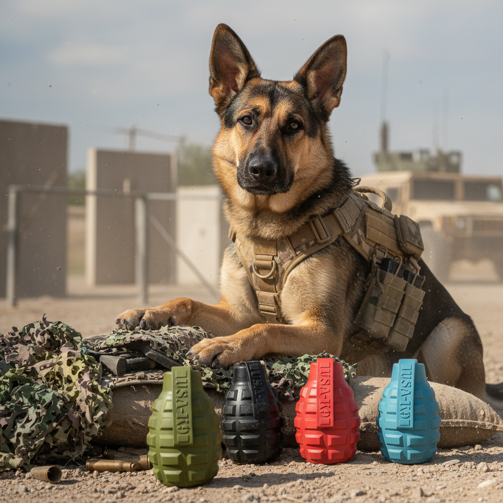 Grenade Shaped eDispenser durable dog chew toys in red, blue, black, and green with military K9 German Shepherd in background