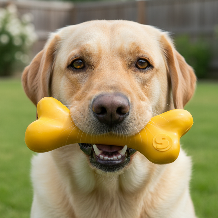 Yellow rubber bone dog toy held by large Labrador retriever outdoors