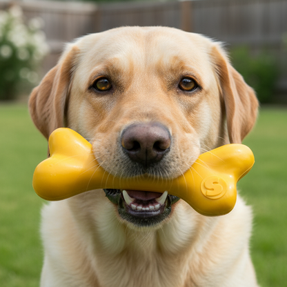 Yellow rubber bone dog toy held by large Labrador retriever outdoors