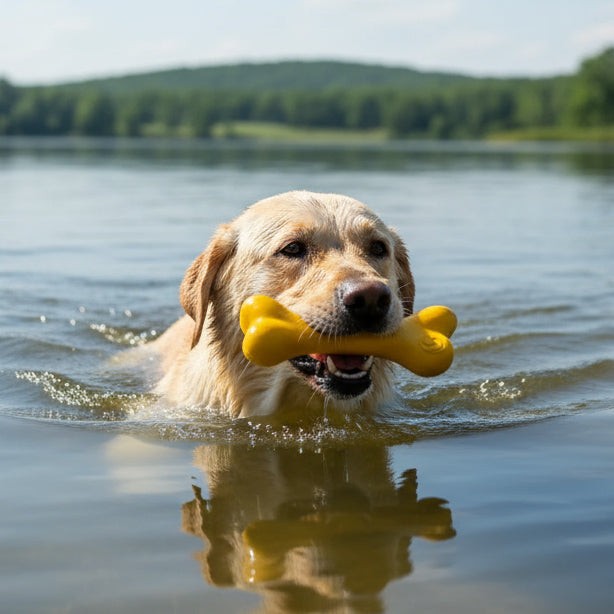 Large dog swimming with yellow PUP-X rubber bone dog toy in water