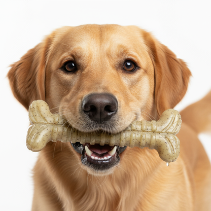 Golden retriever holding a Tough Bone Nylon Chew Bone dog toy in its mouth