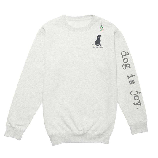 festive crew neck fleece sweater with dog playing with mistletoe