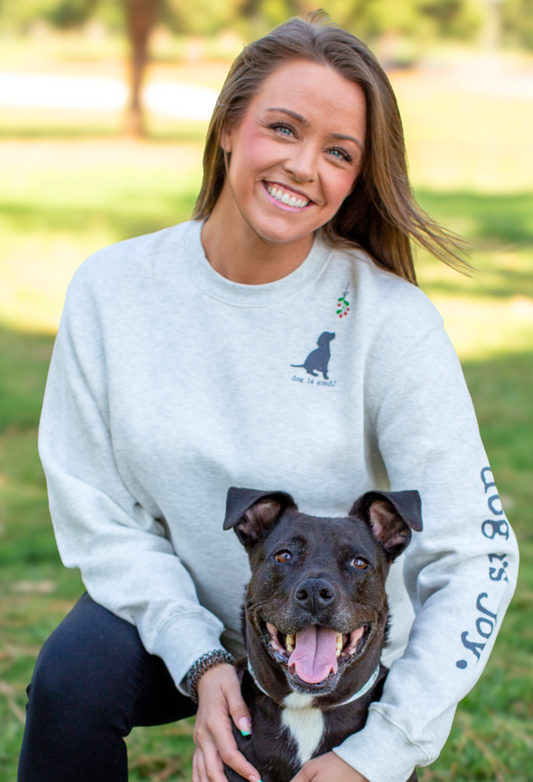 Holiday crew neck fleece sweater with dog and mistletoe design