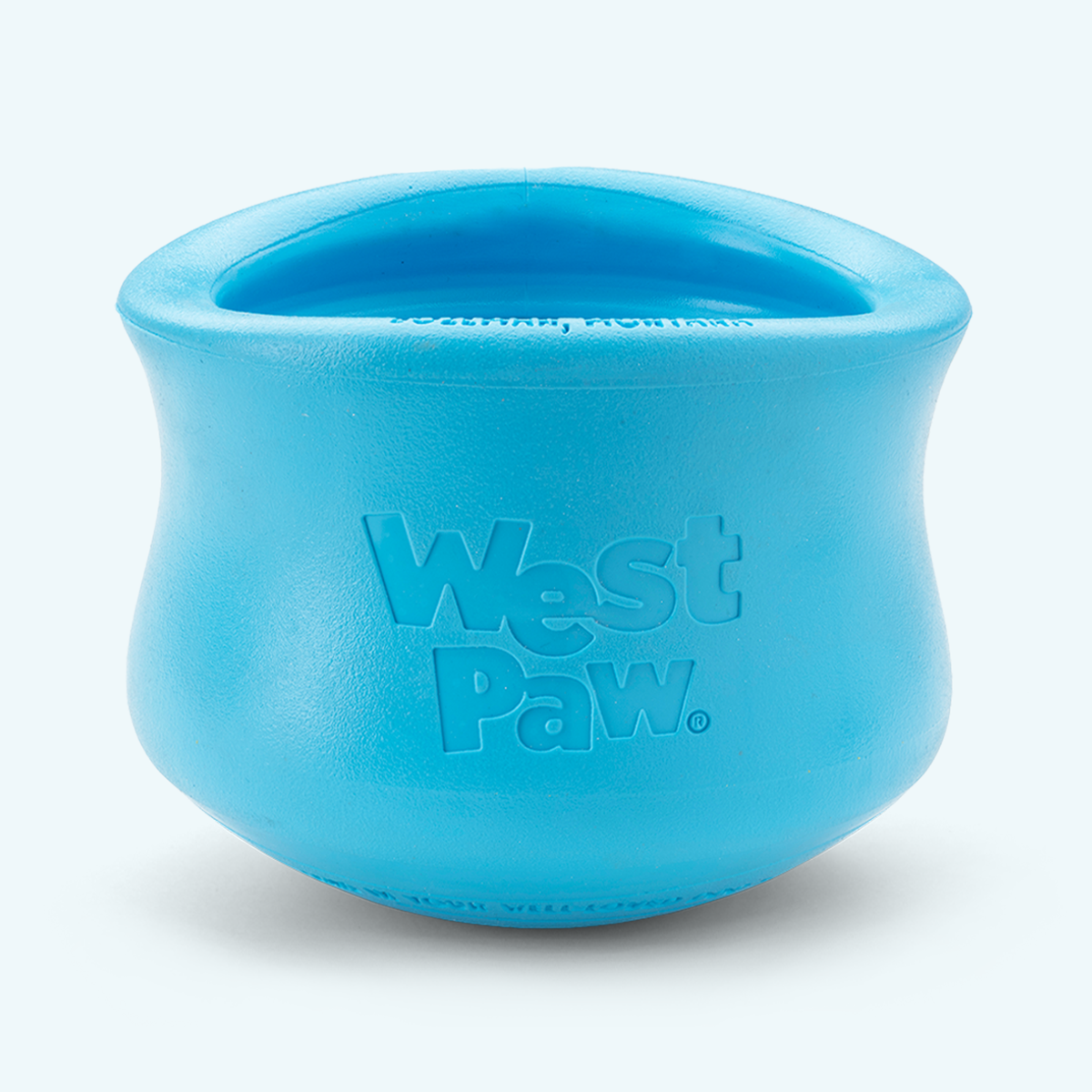 customizable puzzle and treat toy in blue durable rubber with rounded edges and West Paw logo, designed for interactive dog feeding