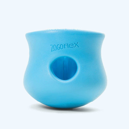 Blue rubber customizable puzzle and treat toy for dogs with a round hole and a flexible, durable design